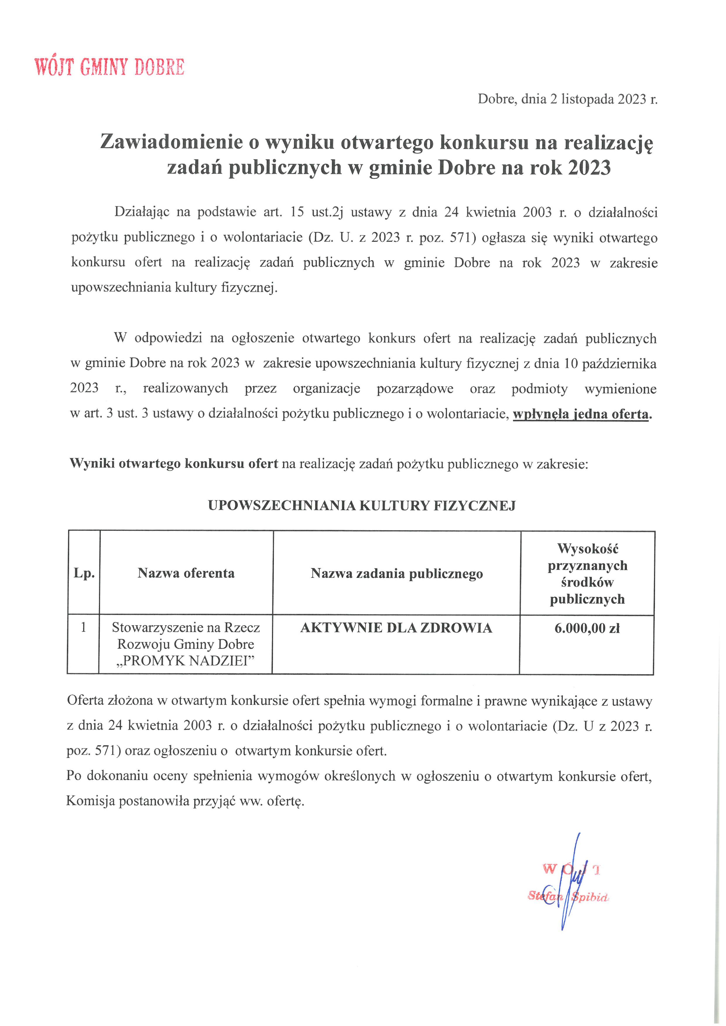Zawiadomienie o wyniku otwartego konkursu na realizację zadań publicznych w Gminie Dobre na rok 2023.jpg (534 KB)